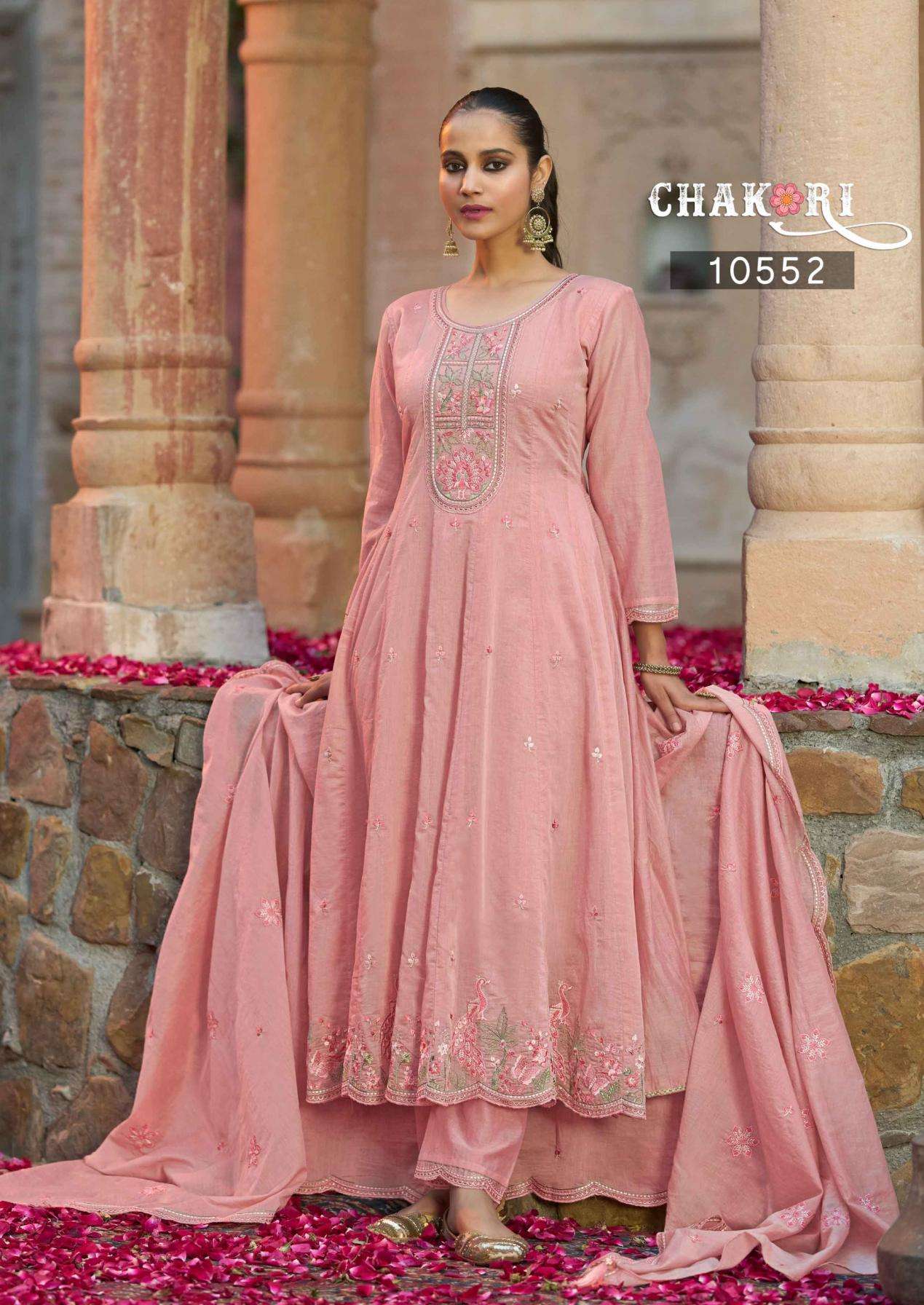 CHAKORI SERIES 10551 TO 10554 BY RANGOON DESIGNER FANCY WORK MUL CHANDERI ANARKALI KURTI WITH BOTTOM AND DUPATTA ARE AVAILABLE AT WHOLESALE PRICE