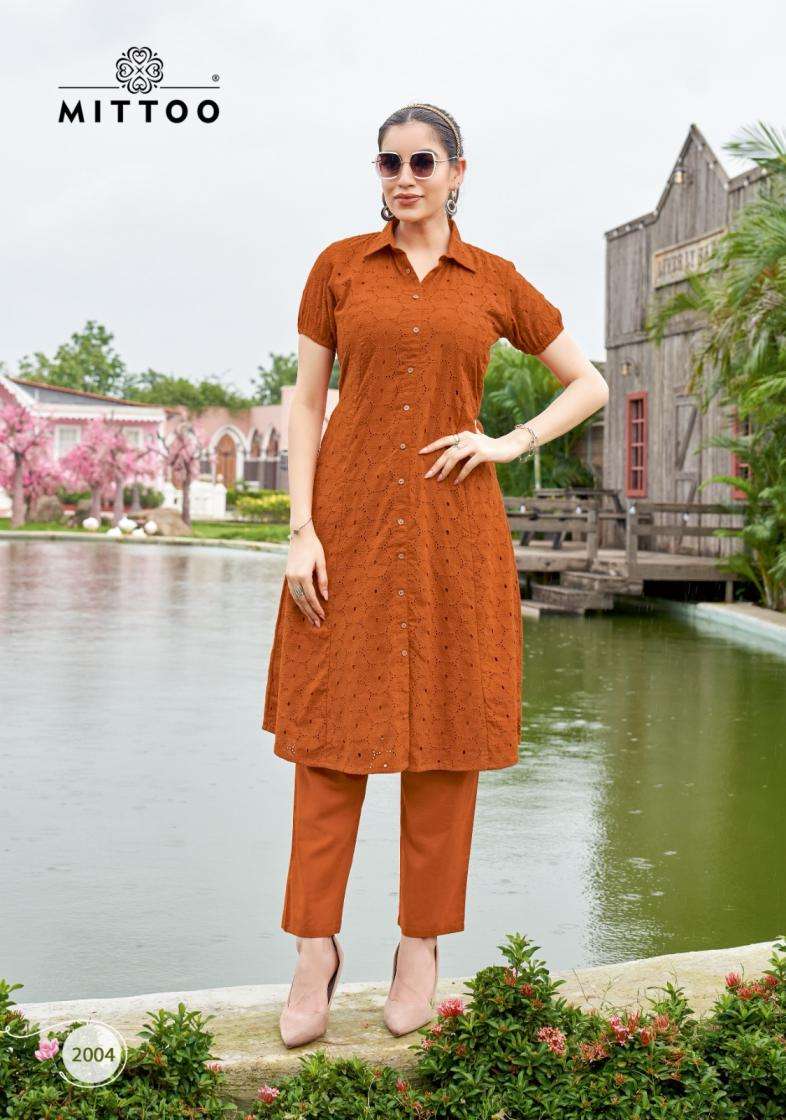 CHARVI SERIES 2001 TO 2004 BY MITTO DESIGNER SCHIFFLI WITH BORING WORK COTTON KURTI WITH PANT ARE AVAILABLE AT WHOLESALE PRICE