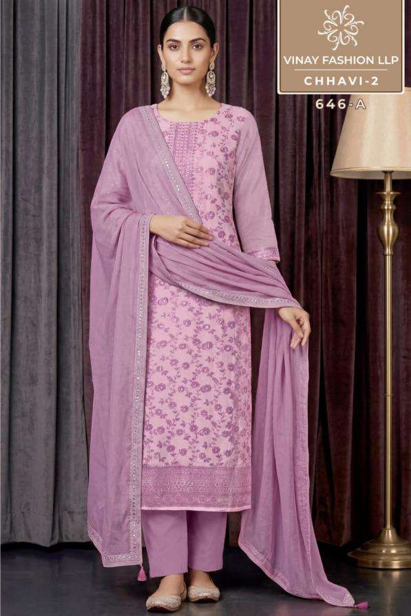 CHHAVI VOL-2 SERIES 646. BY VINAY DESIGNER MUSLIN WEAVED SUITS ARE AVAILABLE AT WHOLESALE PRICE