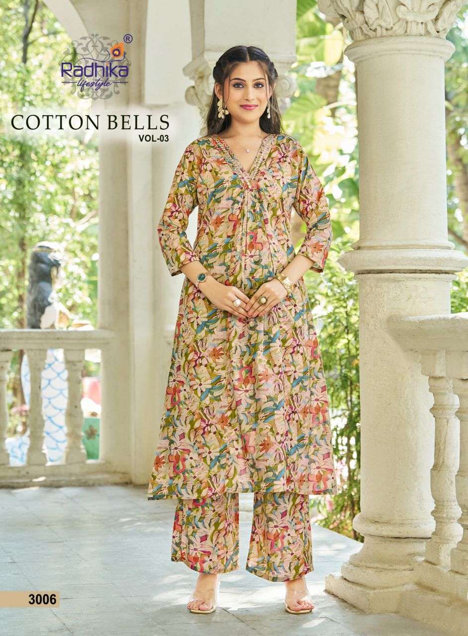 COTTON BELLS VOL-3 SERIES 3001 TO 3006 BY RADHIKA LIFESTYLE DESIGNER PRINTED COTTON KURTI WITH BOTTOM ARE AVAILABLE AT WHOLESALE PRICE
