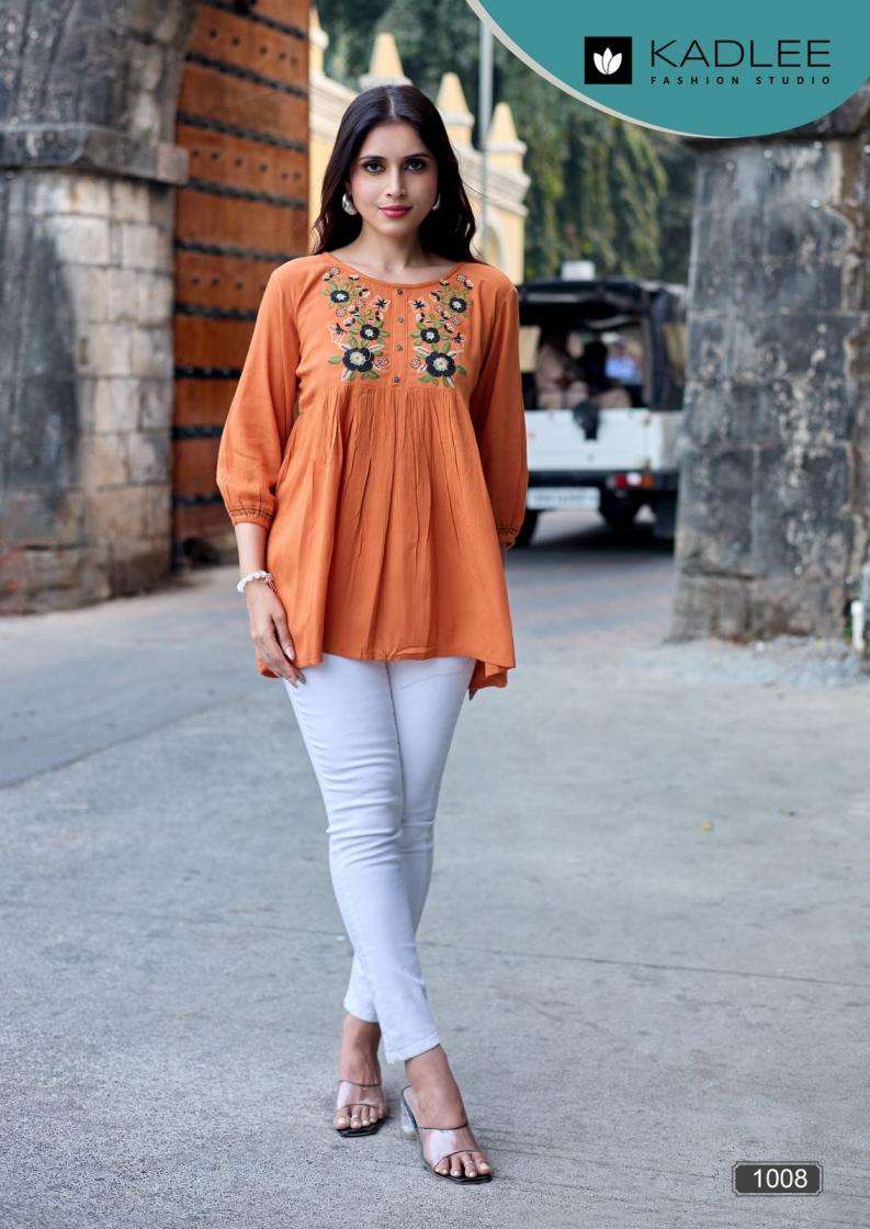CRYSTAL VOL-2 SERIES 1007 TO 1012 BY KADLEE DESIGNER THREAD AND HAND WORK RAYON WRINKLE TOPS ARE AVAILABLE AT WHOLESALE PRICE