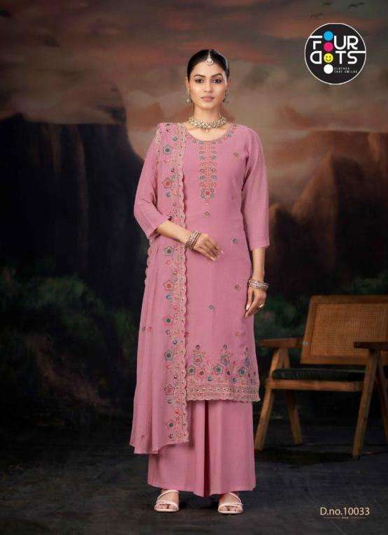 DWIJA SERIES 10031 TO 10034 BY FOUR DOTS DESIGNER HEAVY WORK MUL CHIFFONE COTTON SUITS ARE AVAILABLE AT WHOLESALE PRICE