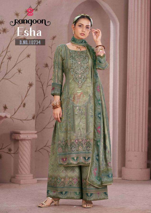ESHA SERIES 10731 TO 10734 BY RANGOON DESIGNER DIGITAL PRINTED AND AARI WORK MUSLIN TOP WITH PLAZZO AND DUPATTA ARE AVAILABLE AT WHOLESALE PRICE