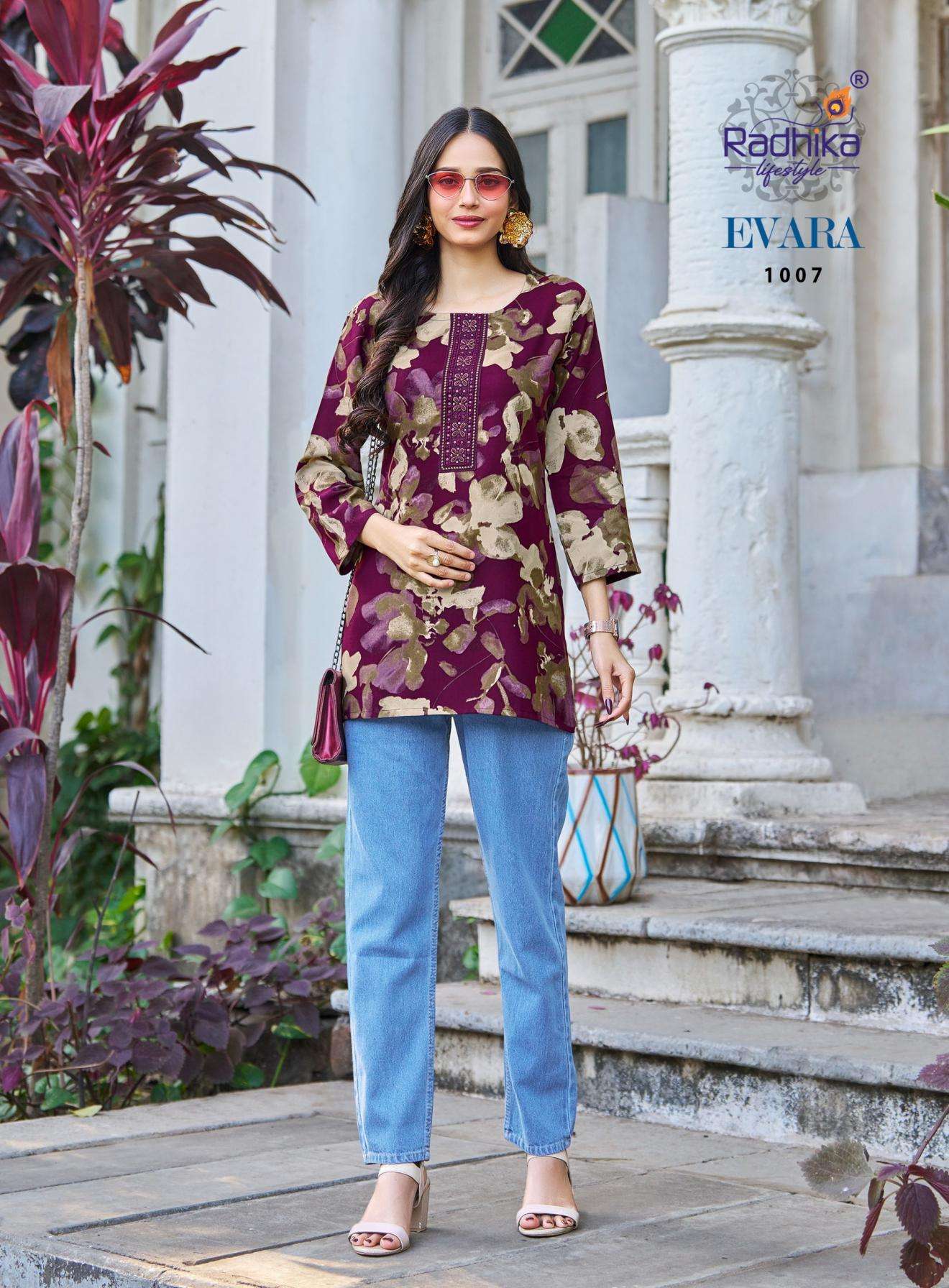 EVARA SERIES 1001 TO 1010 BY RADHIKA LIFESTYLE DESIGNER FOIL PRINTED AND EMBROIDERY WORK RAYON SHORT KURTIS ARE AVAILABLE AT WHOLESALE PRICE