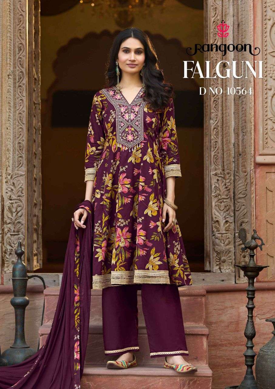 FALGUNI SERIES 10561 TO 10564 BY RANGOON DESIGNER PRINTED AND FANCY WORK COTTON ANARKALI TOP WITH BOTTOM AND DUPATTA ARE AVAILABLE AT WHOLESALE PRICE