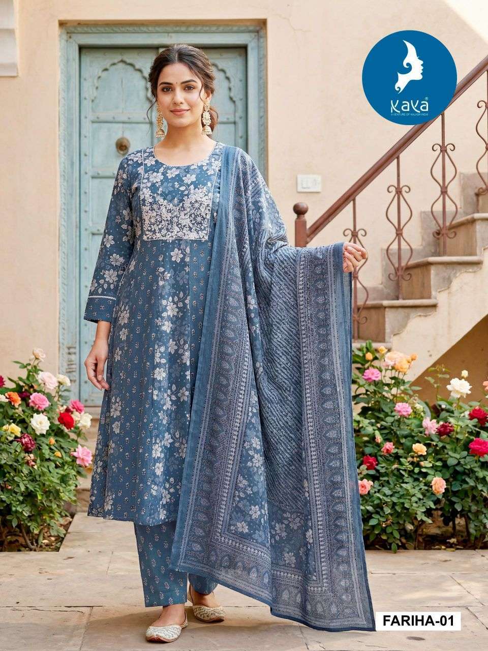 FARIHA SERIES 01 TO 06 BY KAYA DESIGNER PRINTED COTTON ANARKALI KURTI WITH BOTTOM AND DUPATTA ARE AVAILABLE AT WHOLESALE PRICE