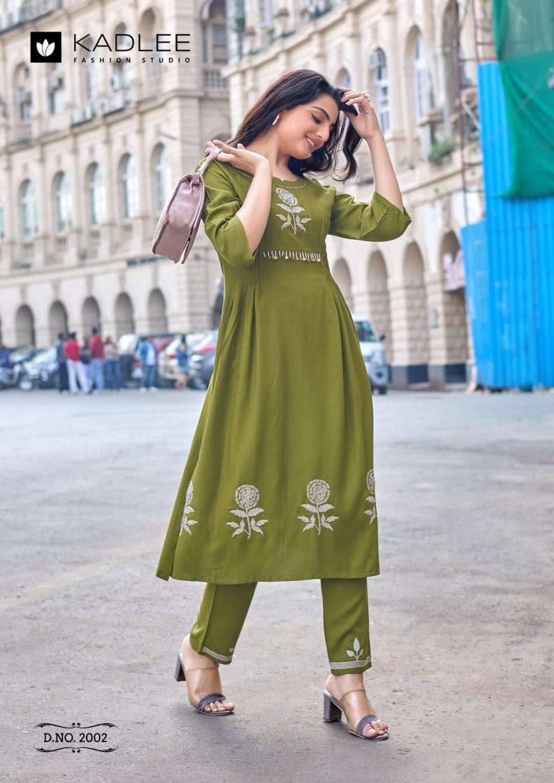 FASHION QUEEN SERIES 2001 TO 2006 BY KADLEE DESIGNER HAND WORK AND THREAD WORK RAYON KURTI WITH PANT ARE AVAILABLE AT WHOLESALE PRICE