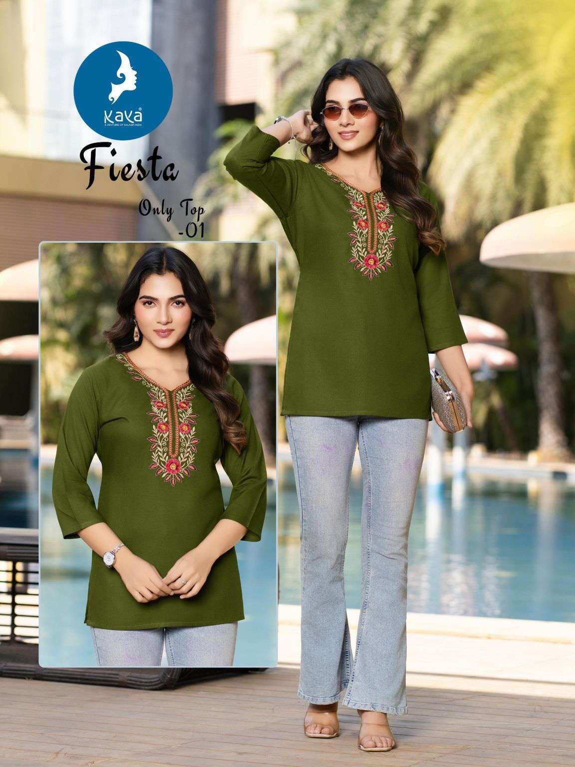 FIESTA SERIES 01 TO 06 BY KAYA DESIGNER EMBROIDERY WORK RAYON TOPS ARE AVAILABLE AT WHOLESALE PRICE