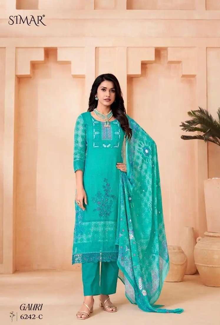 GAURI SERIES 6242 BY SIMAR DESIGNER DIGITAL PRINTED AND EMBROIDERY WORK MUL SUITS ARE AVAILABLE AT WHOLESALE PRICE