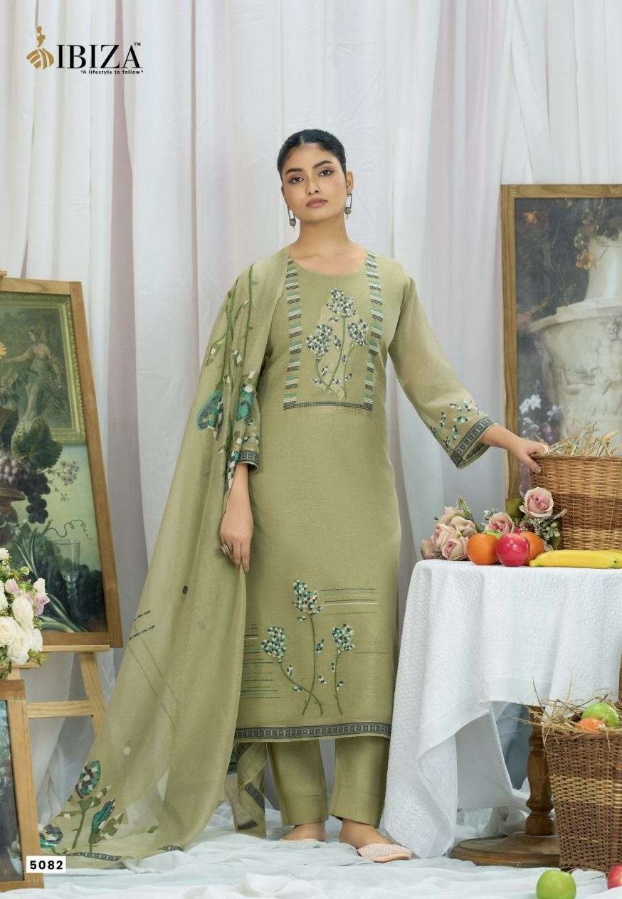 HANEEN SERIES 5081 TO 5084 BY IBIZA DESIGNER PRINTED AND EMBROIDERY WORK LINEN JACQUARD SUITS ARE AVAILABLE AT WHOLESALE PRICE 