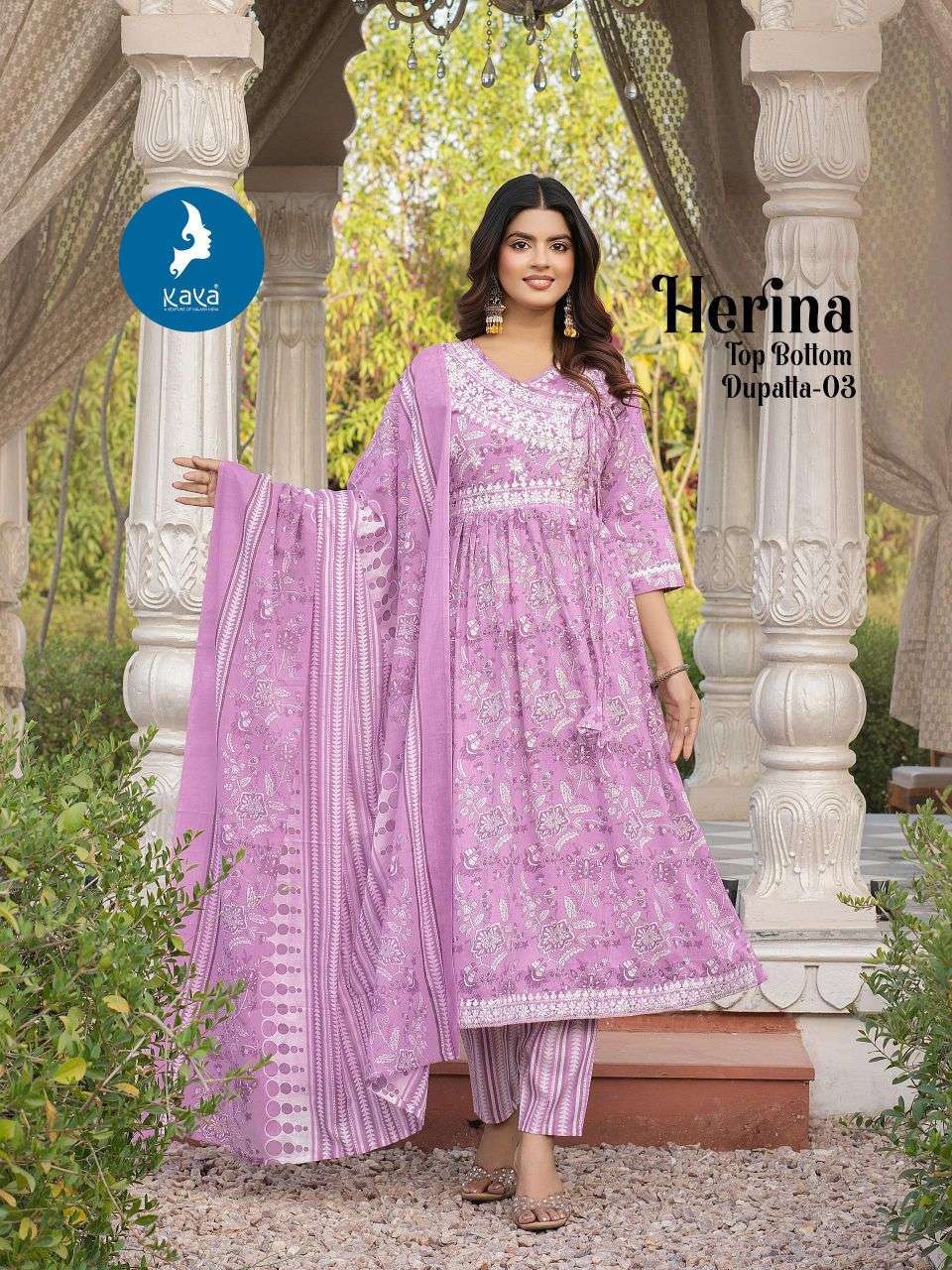 HERINA SERIES 01 TO 06 BY KAYA DESIGNER PRINTED COTTON ANARKALI KURTI WITH BOTTOM AND DUPATTA ARE अवाईउई 