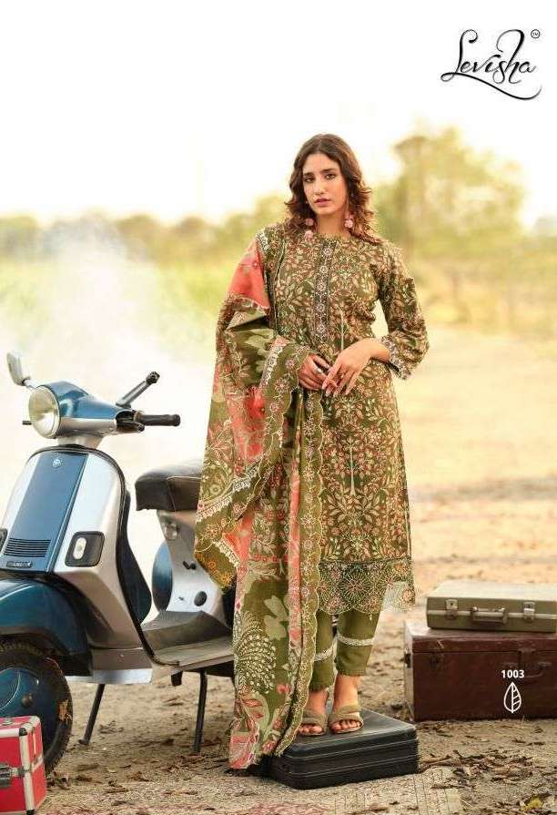 HUMDUM SERIES 1001 TO 1006 BY LEVISHA DESIGNER PRINTED AND EMBROIDERY WORK CAMBRIC COTTON SUITS ARE AVAILABLE AT WHOLESALE PRICE