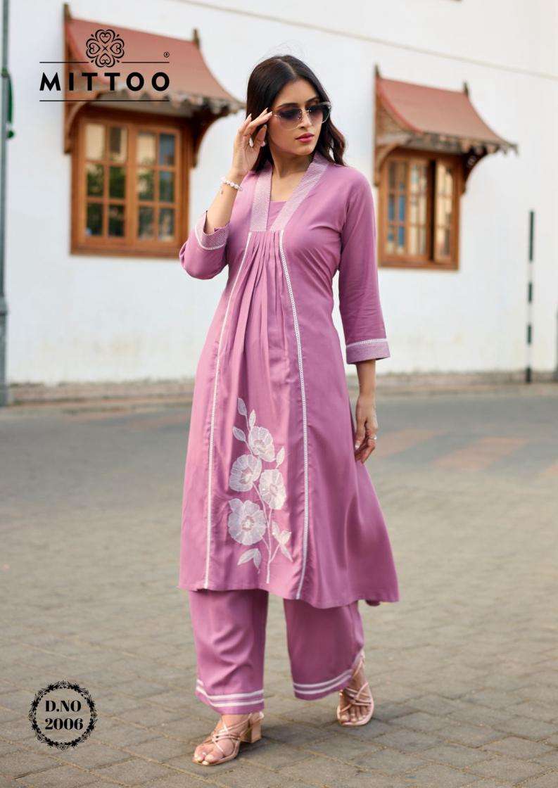 IBAADAT SERIES 2001 TO 2006 BY MITTO DESIGNER THREAD AND HAND WORK RAYON KURTI WITH PANT ARE AVAILABLE AT WHOLESALE PRICE