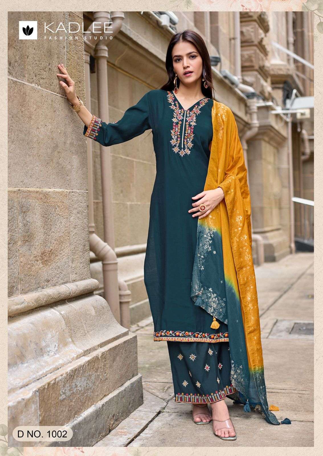INDRIYA SERIES 1001 TO 1006 BY KADLEE DESIGNER THREAD AND HAND WORK RAYON TOP WITH BOTTOM AND DUPATTA ARE AVAILABLE AT WHOLESALE PRICE