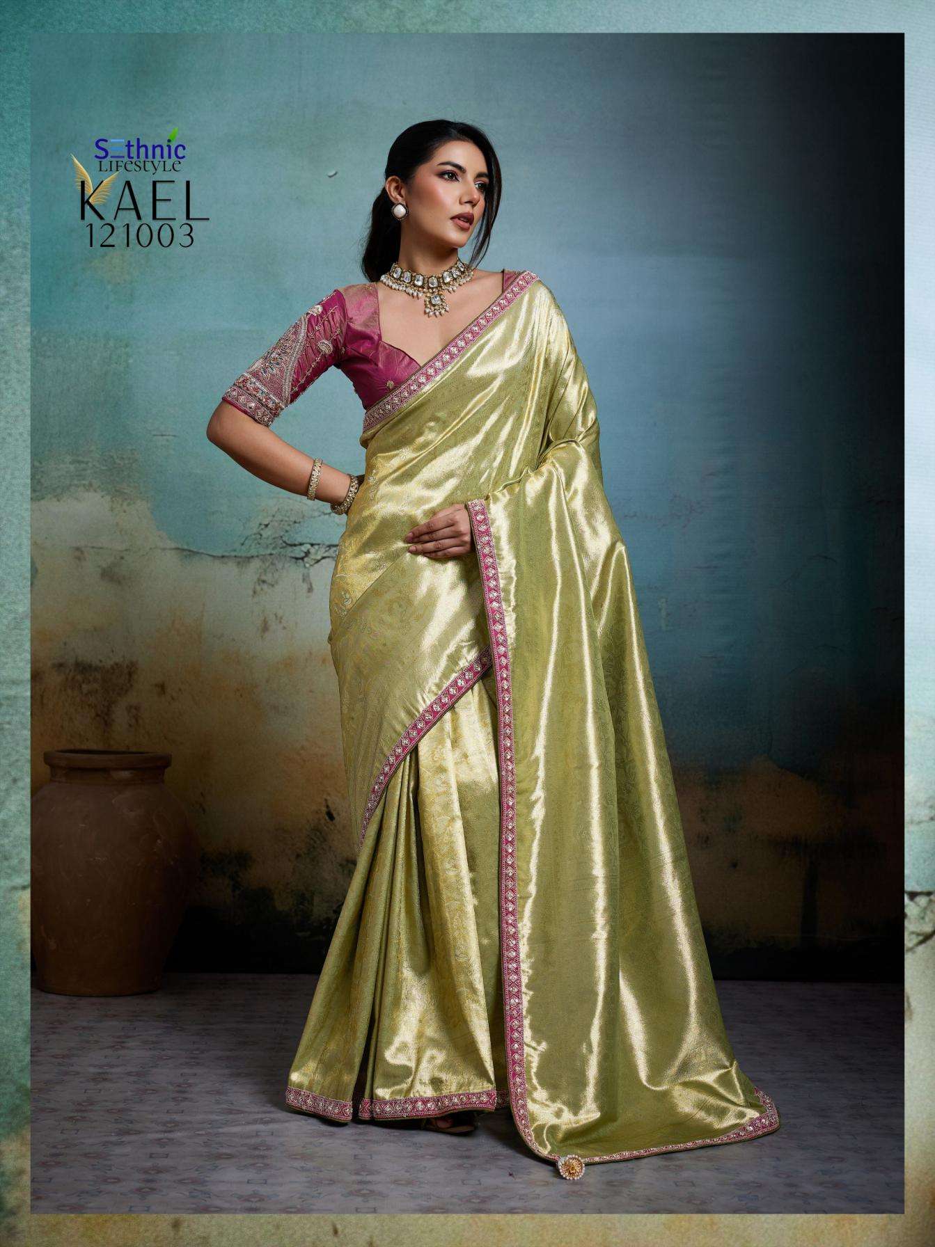 KAEL SERIES 121001 TO 121005 SAREE BY SETHNIC DESIGNER WORK TISSUE BANARASI SAREES ARE AVAILABLE AT WHOLESALE PRICE
