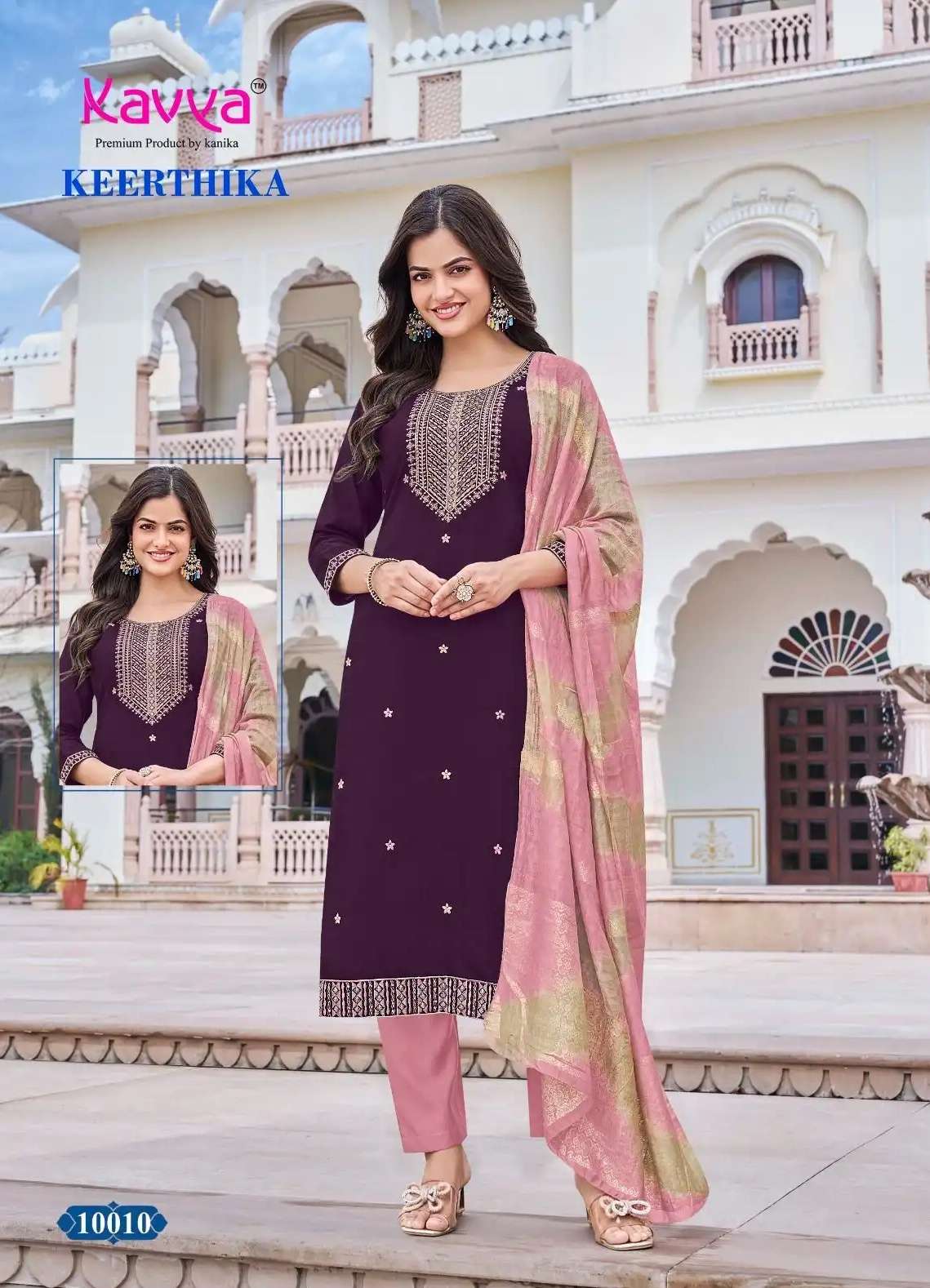 KEERTHIKA VOL-10 SERIES 10001 TO 10010 BY KAVYA DESIGNER WORK VISCOSE VATICAN TOP WITH BOTTOM AND DUPATTA ARE AVAILABLE AT WHOLESALE PRICE