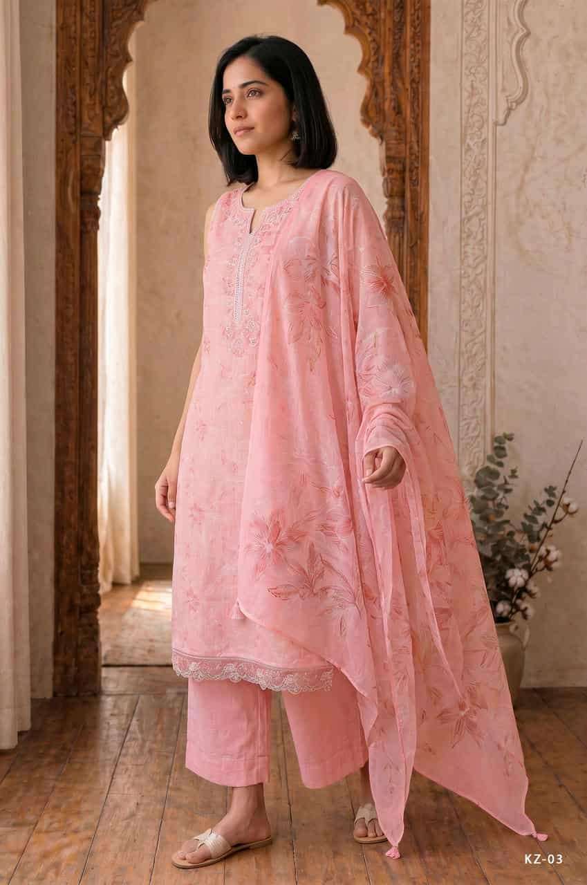 KINZO SERIES 01 TO 03 BY VARSHA DESIGNER PRINTED AND EMBROIDERY WORK COTTON LINEN SUITS ARE AVAILABLE AT WHOLESALE PRICE