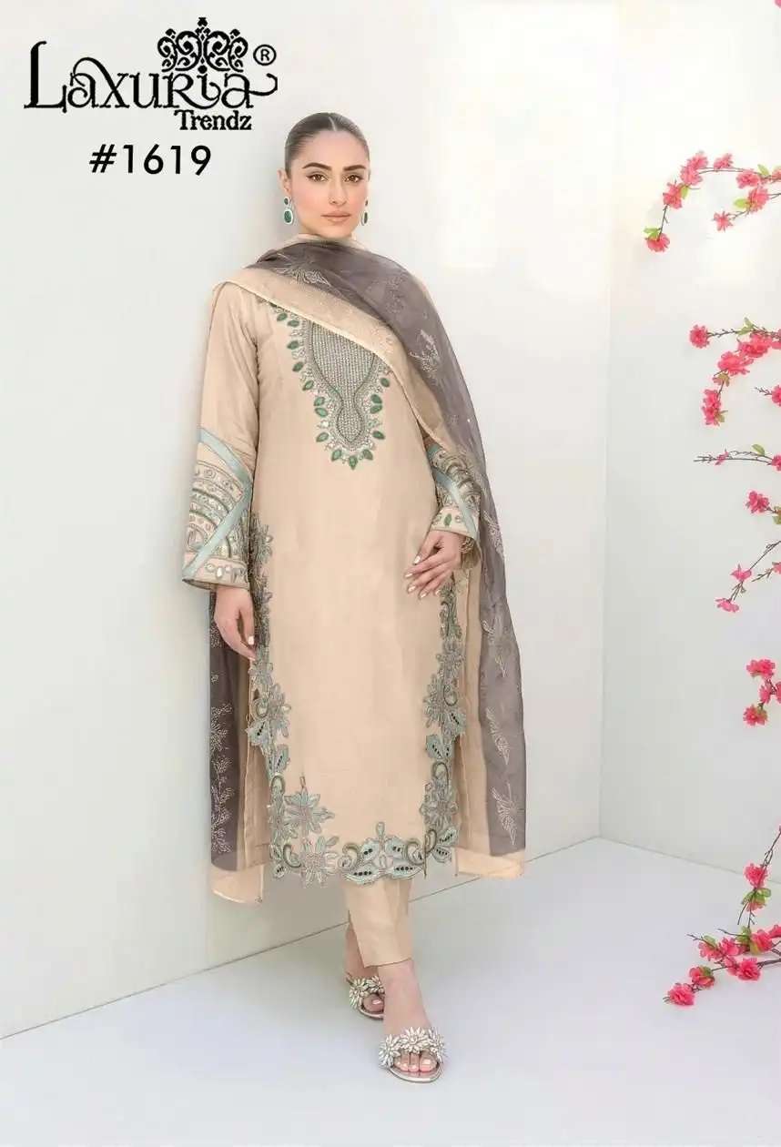 LAXURIA TRENDZ 1619 DESIGNER EMBROIDERY WORK ROMAN GLASS TOP WITH PANT AND DUPATTA ARE AVAILABLE AT WHOLESALE PRICE