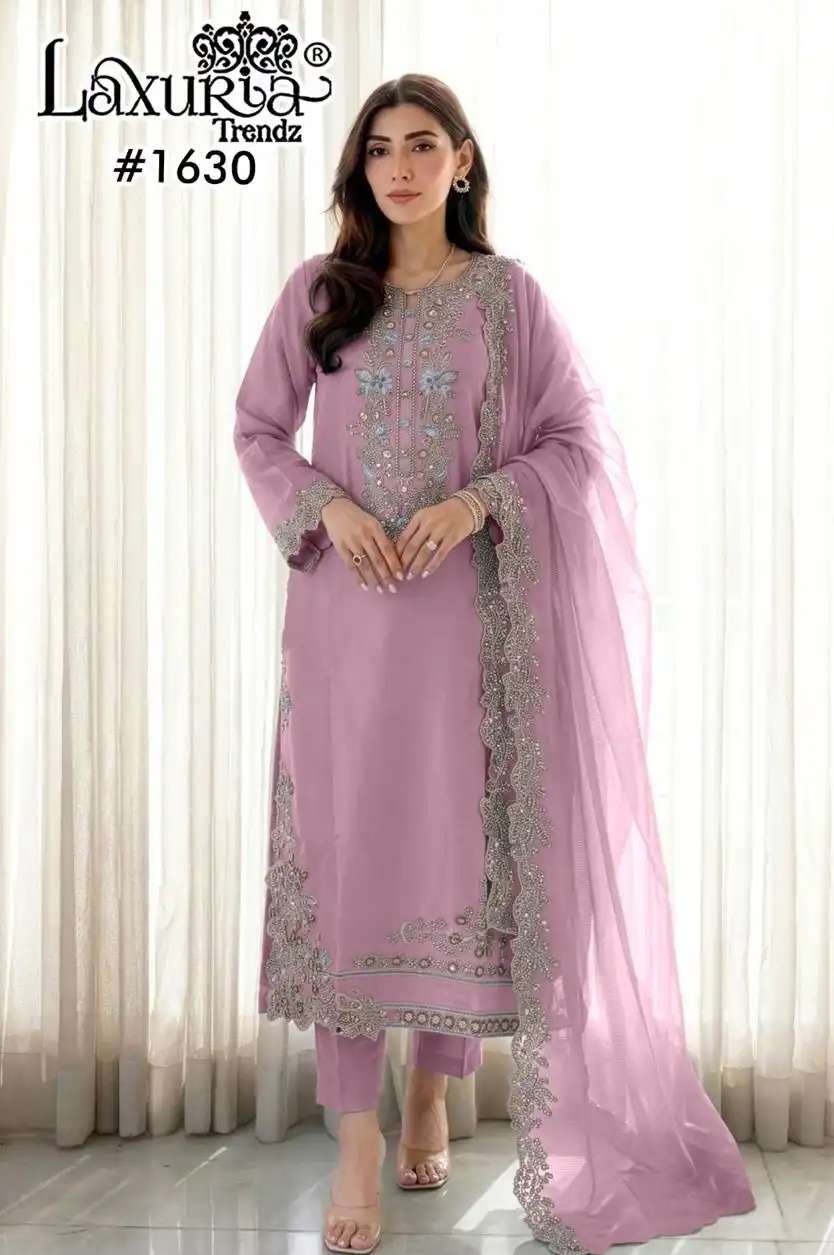 LAXURIA TRENDZ 1630 DESIGNER EMBROIDERY AND HAND WORK ROMAN GLASS TOP WITH PANT AND DUPATTA ARE AVAILABLE AT WHOLESALE PRICE