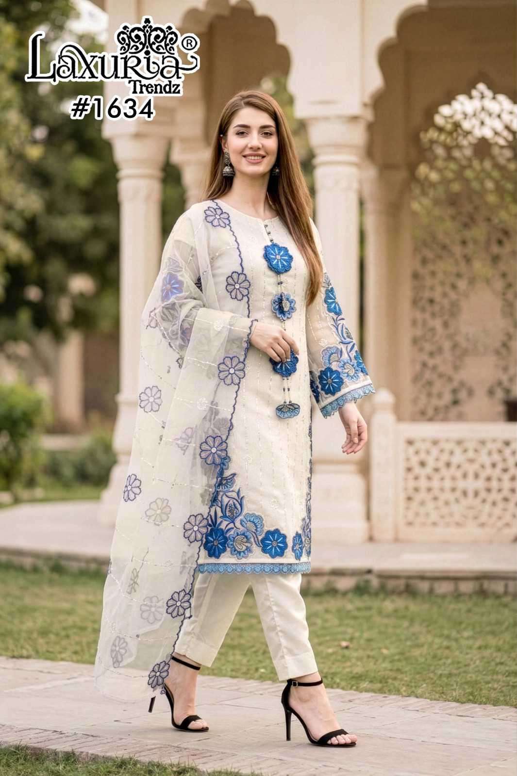 LAXURIA TRENDZ 1634 DESIGNER EMBROIDERY WORK FANCY TOP WITH BOTTOM AND DUPATTA ARE AVAILABLE AT WHOLESALE PRICE