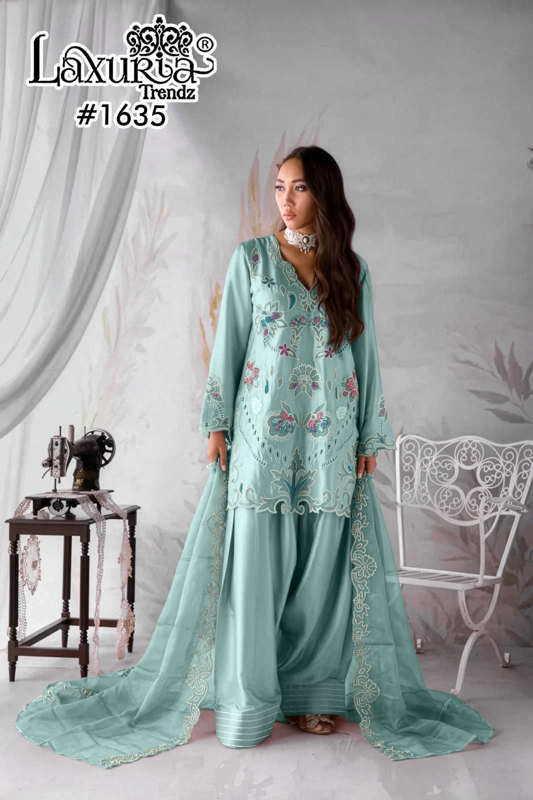 LAXURIA TRENDZ 1635 DESIGNER EMBROIDERY WORK SATIN TOP WITH BOTTOM AND DUPATTA ARE AVAILABLE AT WHOLESALE PRICE