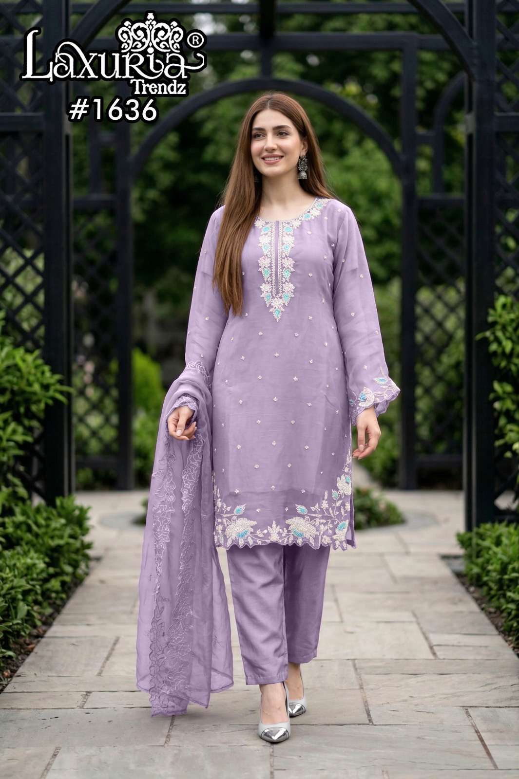 LAXURIA TRENDZ 1636 DESIGNER EMBROIDERY AND HAND WORK CRYSTAL CHIFFONE TOP WITH BOTTOM AND DUPATTA ARE AVAILABLE AT WHOLESALE PRICE