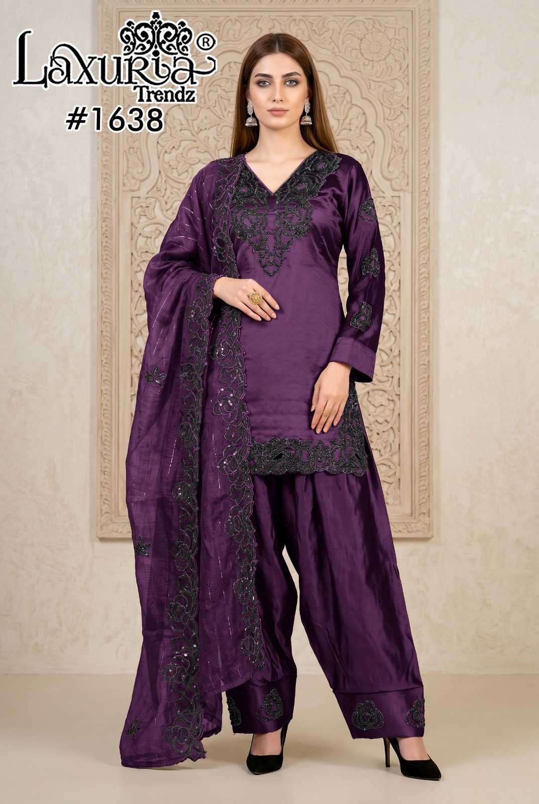 LAXURIA TRENDZ 1638 DESIGNER EMBROIDERY WORK SILK TOP WITH FARSHI SALWAR BOTTOM AND DUPATTA ARE AVAILABLE AT AVAILABLE AT WHOLESALE PRICE