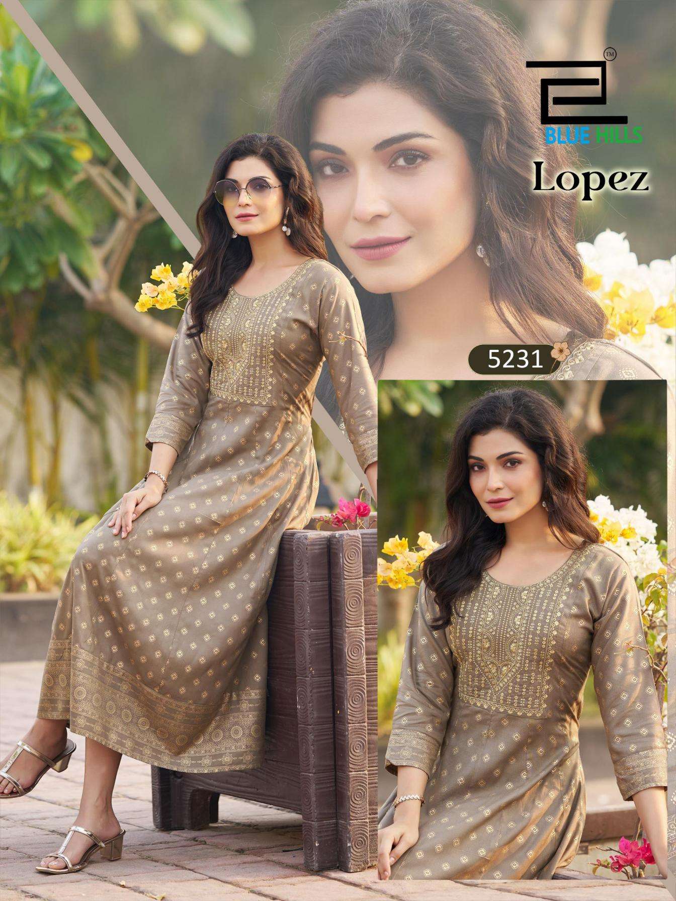 LOPEZ SERIES 5229 TO 5234 BY BLUE HILLS DESIGNER FOIL PRINT AND EMBROIDERY WORK RAYON ANARKALI STYLE KURTIS ARE AVAILABLE AT WHOLESALE PRICE