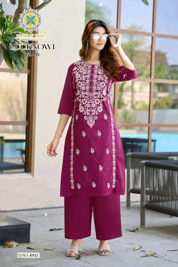 LUCKNOWI VOL-1 SERIES 1001 TO 1008 BY PASSION TREE DESIGNER LUCKNOWI EMBROIDERY WORK DHABU COTTON KURTI WITH BOTTOM ARE AVAILABLE AT WHOLESALE PRICE