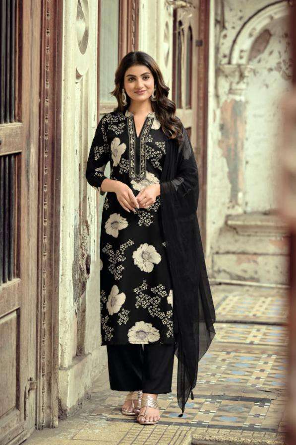 MAHIMA SERIES 1001 TO 1004 BY OSSM DESIGNER DISCHARGE PRINT AND EMBROIDERY WORK RAYON KURTI WITH BOTTOM AND DUPATTA ARE AVAILABLE AT WHOLESALE PRICE