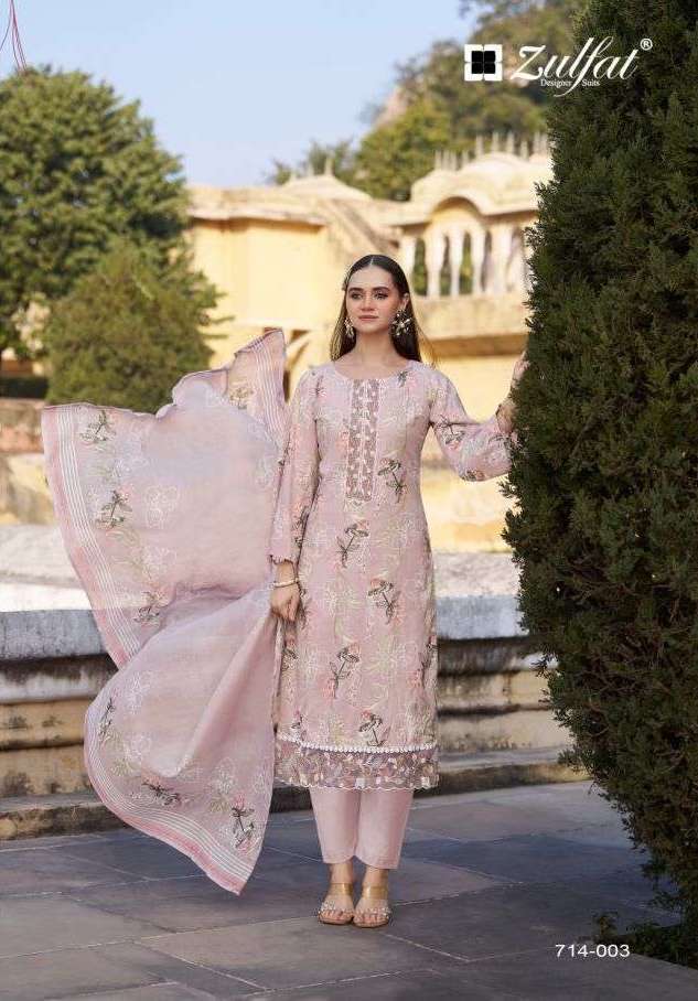 MASHUQA SERIES 714 BY ZULFAT DESIGNER PRINTED AND EMBROIDERY WORK COTTON SUITS ARE AVAILABLE AT WHOLESALE PRICE