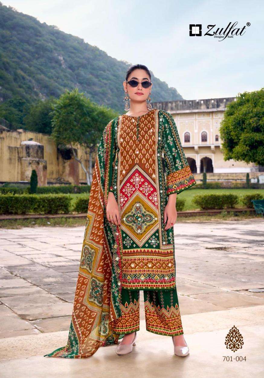 MOHABBAT SERIES 701 BY ZULFAT DESIGNER PRINTED AND HAND WORK RAYON SUITS ARE AVAILABLE AT WHOLESALE PRICE