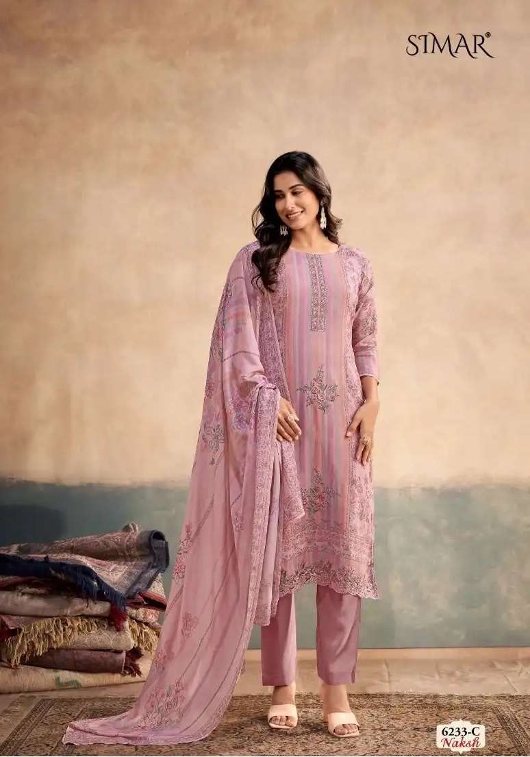 NAKSH SERIES 6233 BY SIMAR DESIGNER DIGITAL PRINTED AND EMBROIDERY WORK MUL SUITS ARE AVAILABLE AT WHOLESALE PRICE