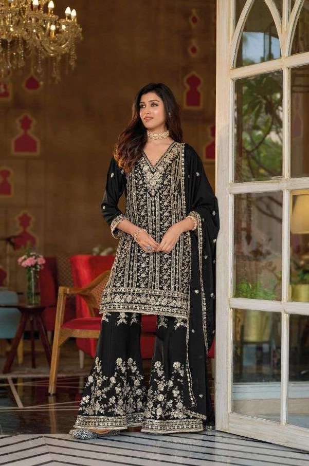 NAYAAB BLACK & WHITE SERIES 2411 TO 2412 BY EBA DESIGNER EMBROIDERY WORK CHINON SILK SUITS ARE AVAILABLE AT WHOLESALE PRICE