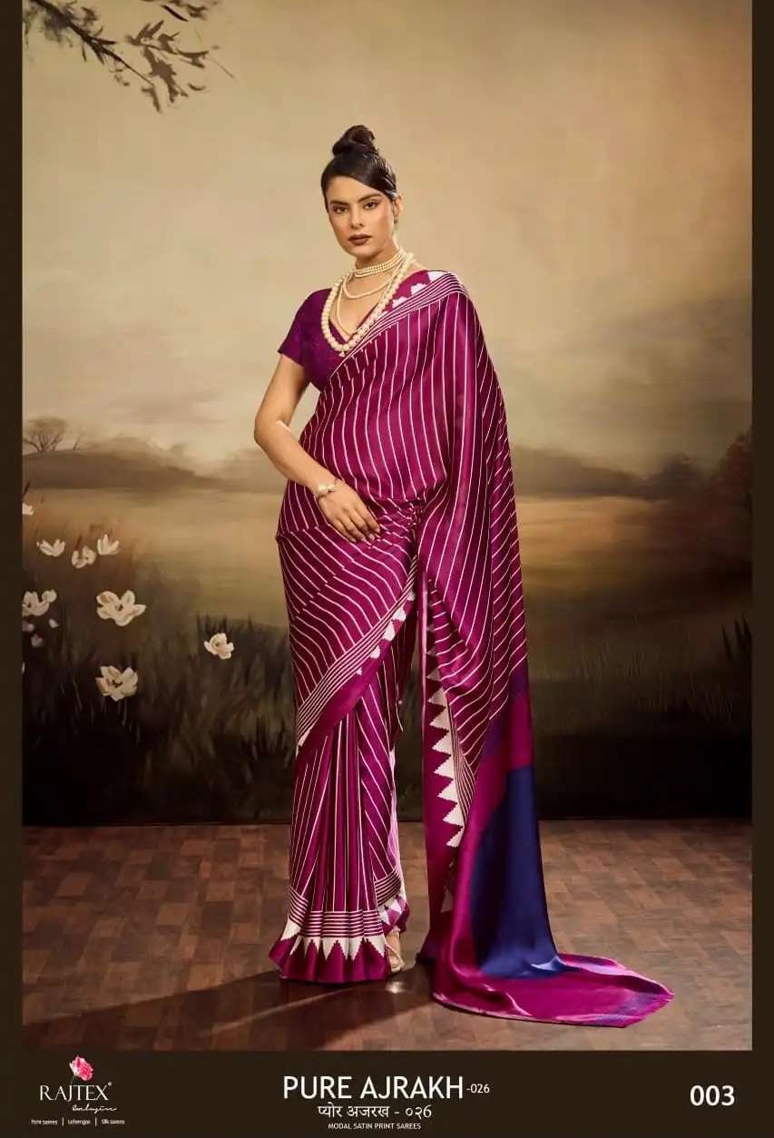 PURE AJRAKH VOL-26 SERIES 026A TO 026F SAREE BY RAJTEX DESIGNER AJRAKH PRINTED MODAL SATIN SAREES ARE AVAILABLE AT WHOLESALE PRICE