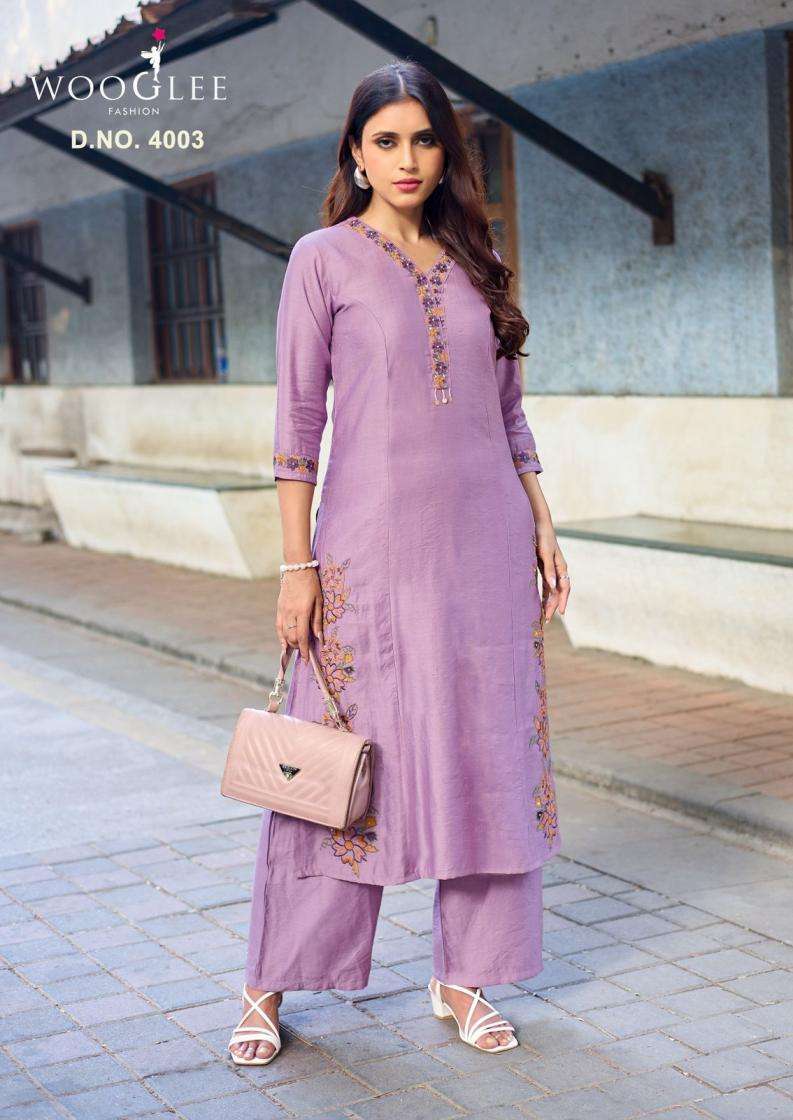 RAHIMA SERIES 4001 TO 4006 BY WOOGLEE DESIGNER THREAD AND HAND WORK VISCOSE WEAVING KURTI WITH PLAZZO ARE AVAILABLE AT WHOLESALE PRICE