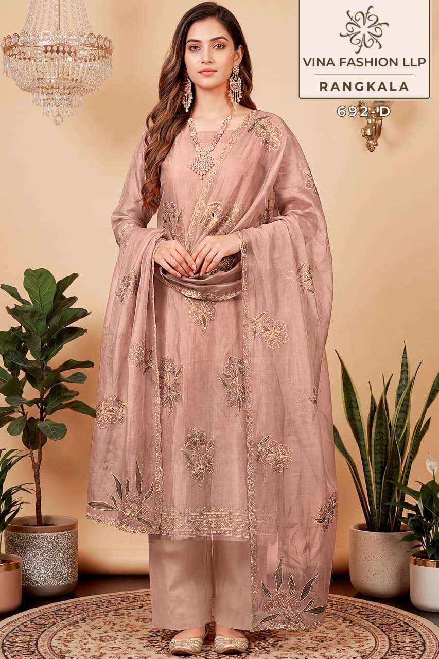 RANGKALA SERIES 692 BY VINAY DESIGNER EMBROIDERY WORK SALSA SILK SUITS ARE AVAILABLE AT WHOLESALE PRICE