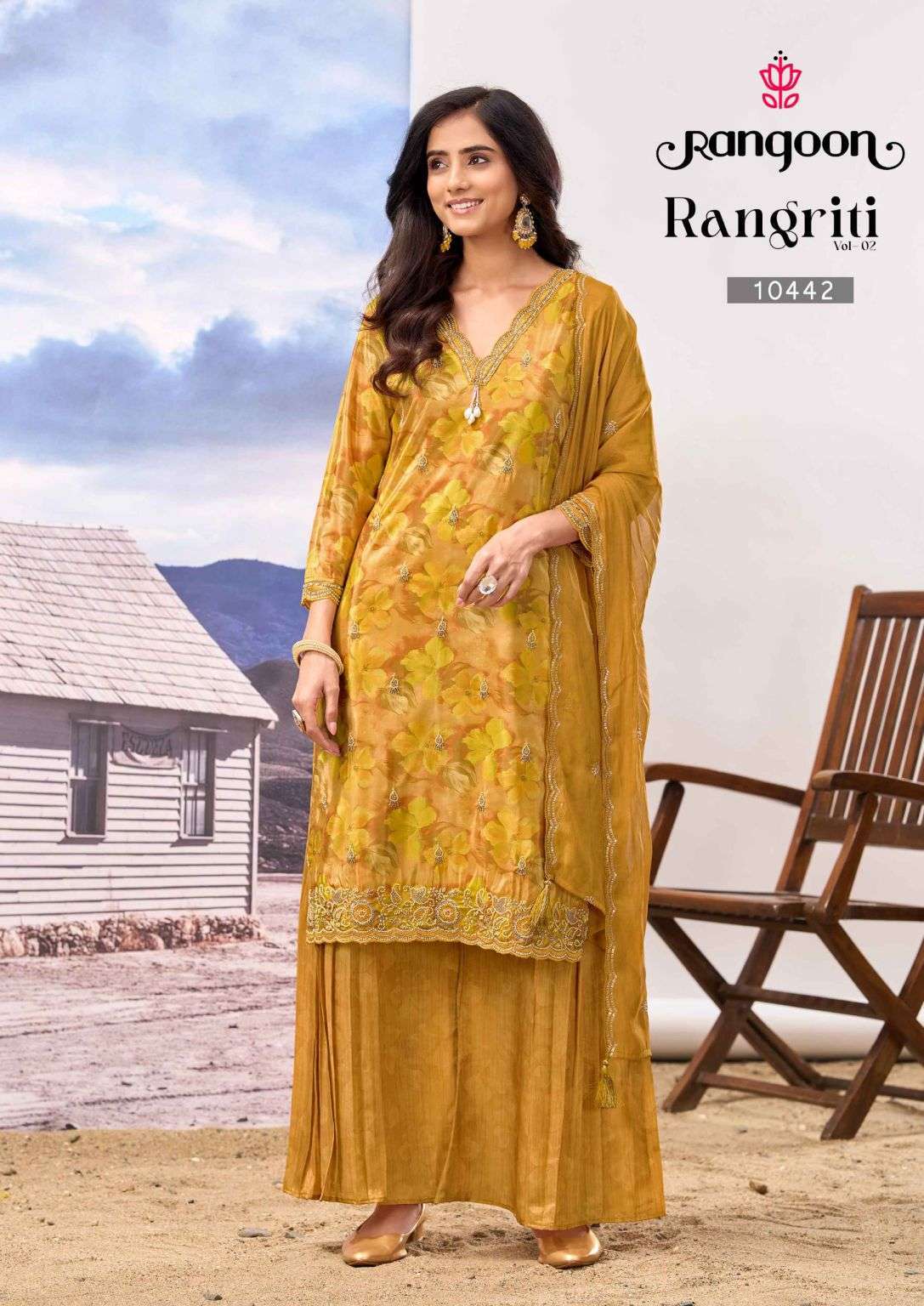 RANGRITI SERIES 10441 TO 10444 BY RANGOON DESIGNER BEADS WORK AND DIGITAL PRINTED TOP WITH BOTTOM AND DUPATTA ARE AVAILABLE AT WHOLESALE PRICE