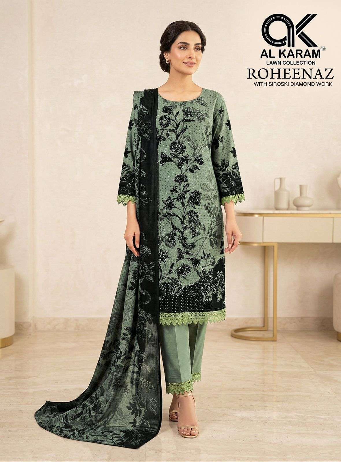 ROHEENZA VOL-1 SERIES 1001 TO 1004 BY AL KARAM DESIGNER EMBROIDERY WORK AND PRINTED RAYON COTTON SUITS ARE AVAILABLE AT WHOLESALE PRICE