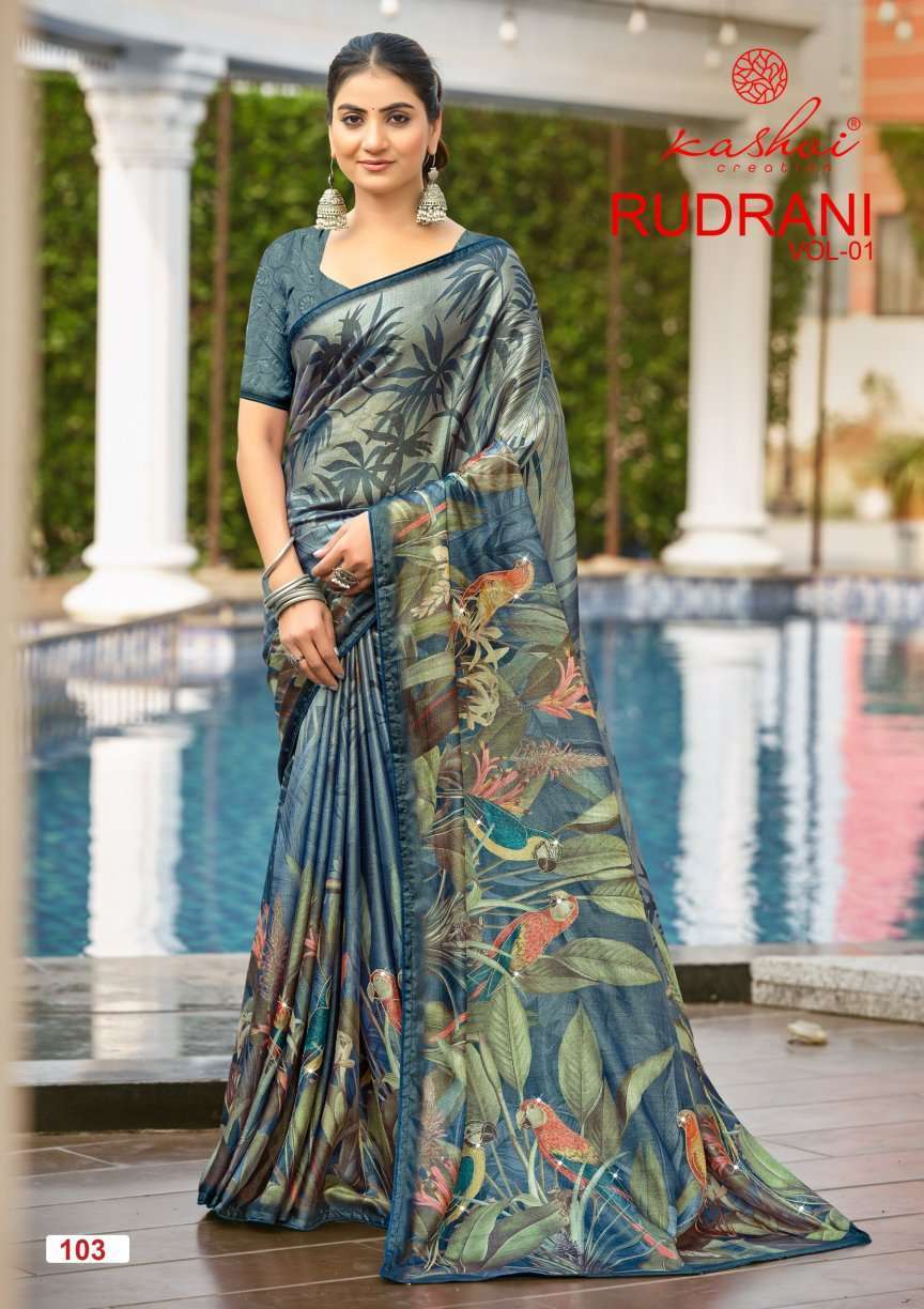 RUDRANI VOL-1 SERIES 101 TO 108 BY KASHVI DESIGNER SHINE DIGITAL PRINT AND ZARKAN WORK SAREES ARE AVAILABLE AT WHOLESALE PRICE 