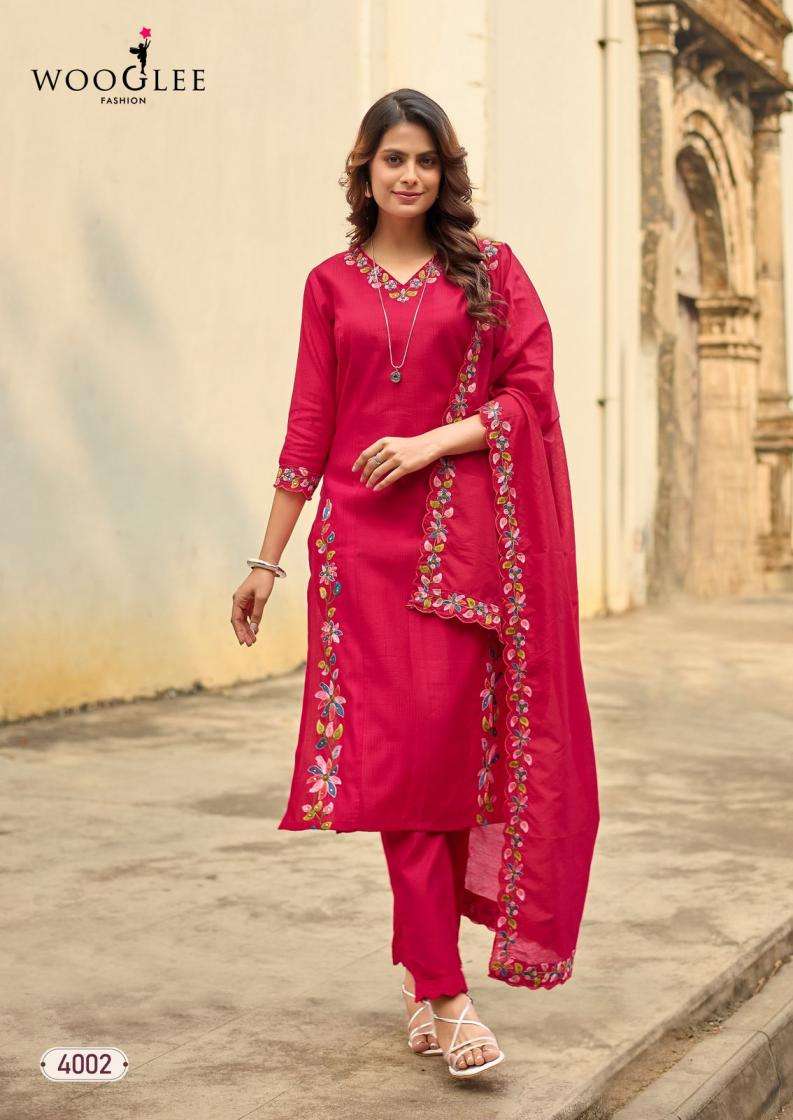 RUDRIKA SERIES 4001 TO 4004 BY WOOGLEE DESIGNER THREAD AND HAND WORK VISCOSE WEAVING TOP WITH BOTTOM AND DUPATTA ARE AVAILABLE AT WHOLESALE PRICE