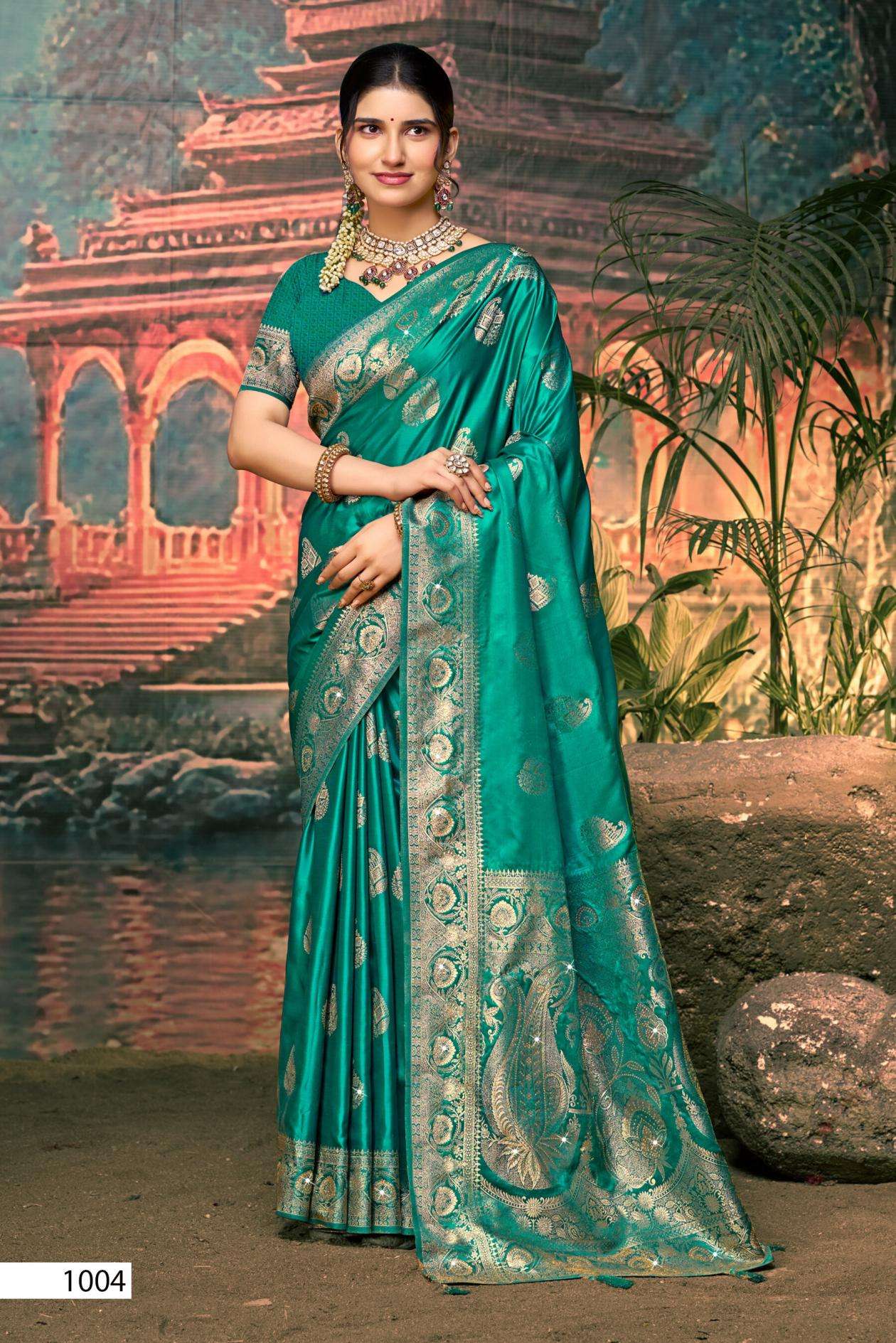 SAADGI SATIN SAROSKI VOL-5 SERIES 1001 TO 1004 SAREE BY SAROJ DESIGNER SAROSKI AND JARKAN WORK RICH PALLU SATIN SILK SAREES ARE AVAILABLE AT WHOLESALE PRICE