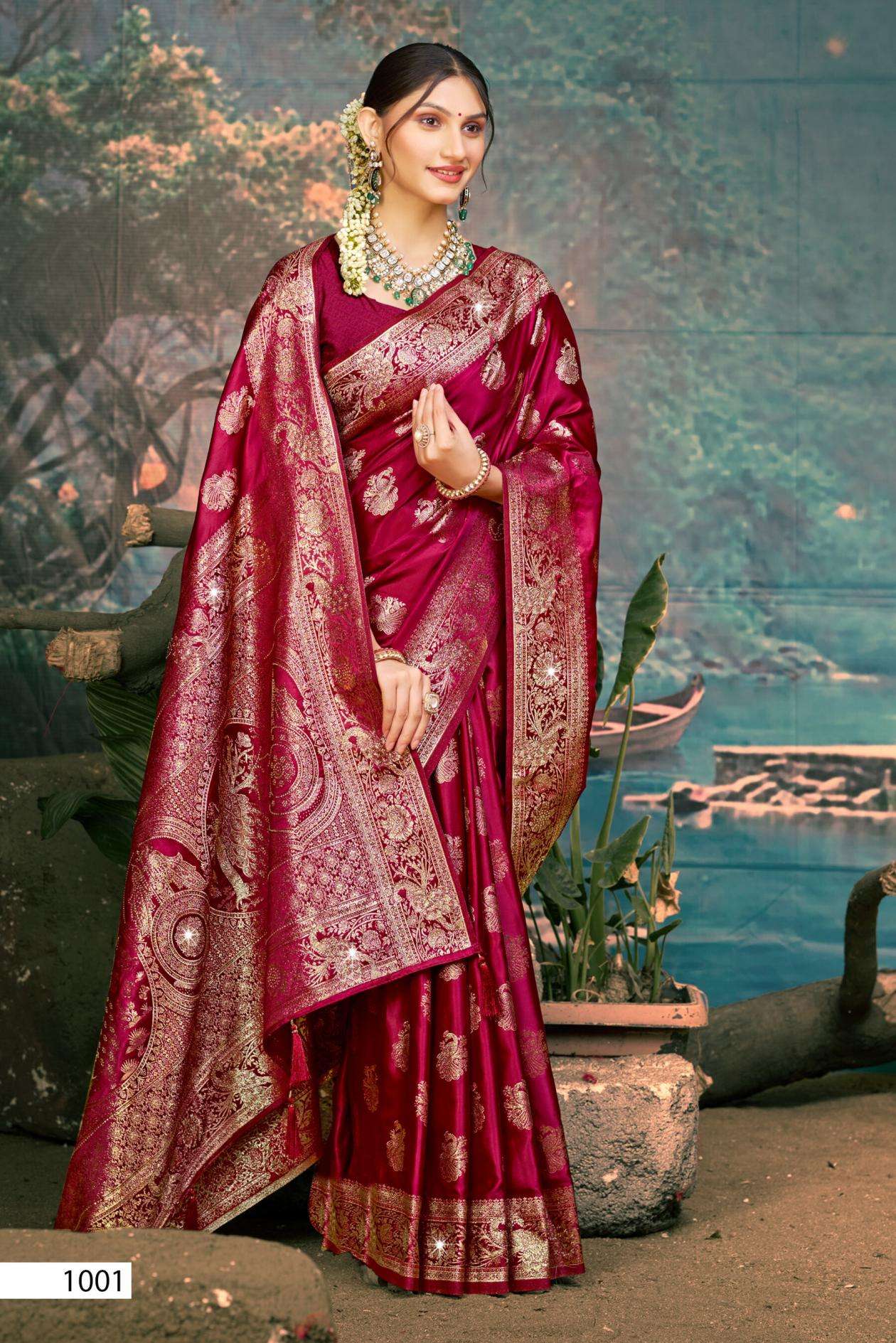 SAADGI SATIN SAROSKI VOL-6 SERIES 1001 TO 1004 SAREE BY SAROJ DESIGNER SAROSKI AND JARKAN WORK RICH PALLU SATIN SILK SAREES ARE AVAILABLE AT WHOLESALE PRICE