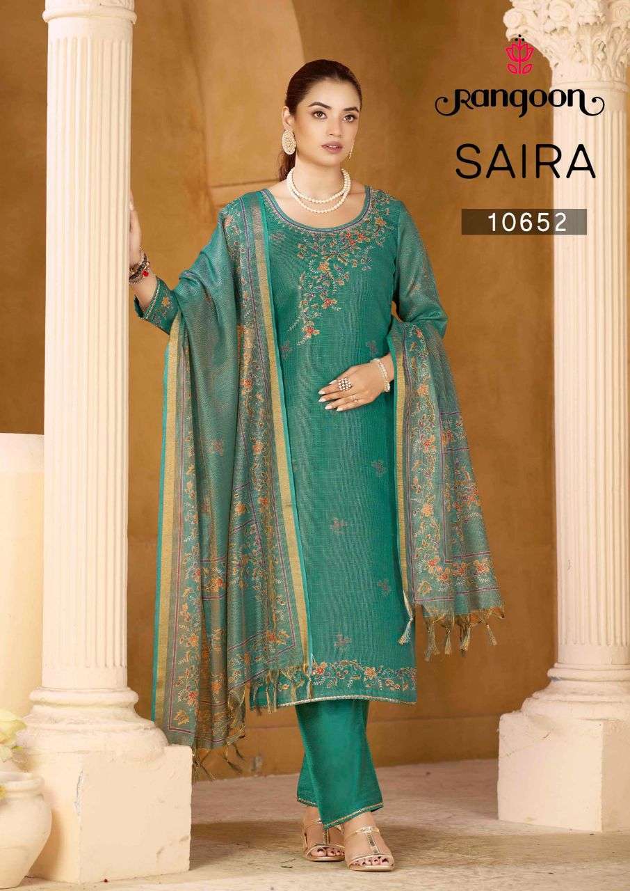 SAIRA SERIES 10651 TO 10654 BY RANGOON DESIGNER DIGITAL PRINTED AND KHATLI HAND WORK LINEN SHIMMER TOP WITH BOTTOM AND DUPATTA ARE AVAILABLE AT WHOLESALE PRICE