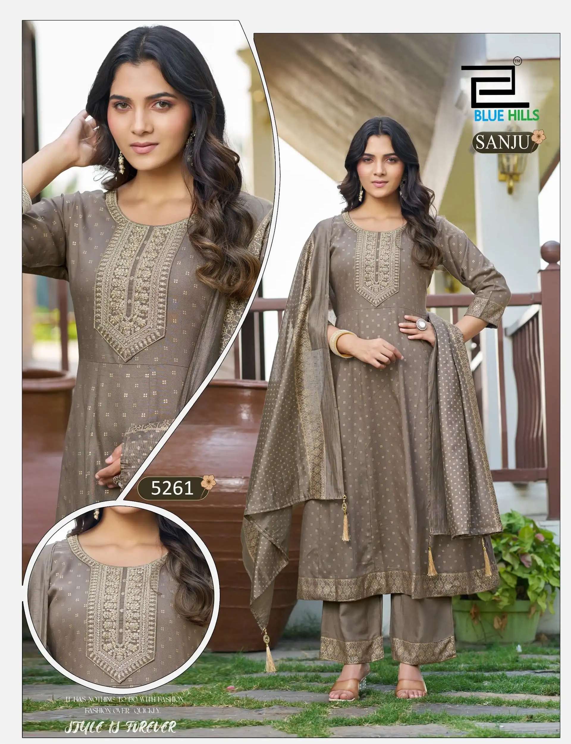 SANJU SERIES 5259 TO 5264 BY BLUE HILLS DESIGNER EMBROIDERY WORK AND FOIL PRINTED RAYON ANARKALI KURTI WITH BOTTOM AND DUPATTA ARE AVAILABLE AT WHOLESALE PRICE