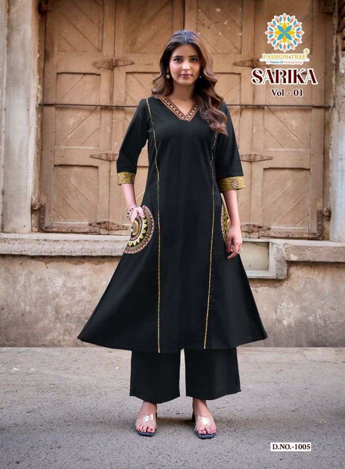 SARIKA VOL-1 SERIES 1001 TO 1008 BY PASSION TREE DESIGNER EMBROIDERY WORK DHABU COTTON A LINE KURTI WITH PLAZZO ARE AVAILABLE AT WHOLESALE PRICE