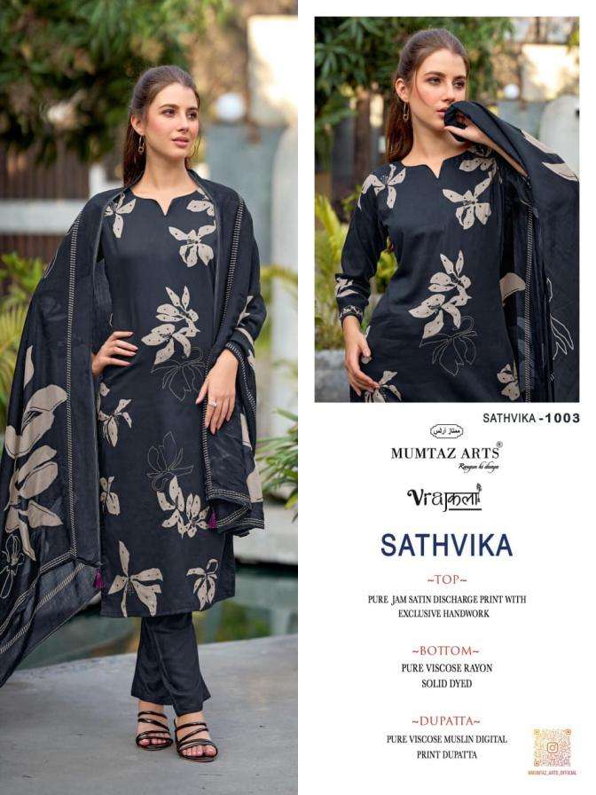 SATHVIKA SERIES 1001 TO 1005 BY MUMTAZ ARTS DESIGNER PRINTED AND HAND WORK VISCOSE JAM SUITS ARE AVAILABLE AT WHOLESALE PRICE