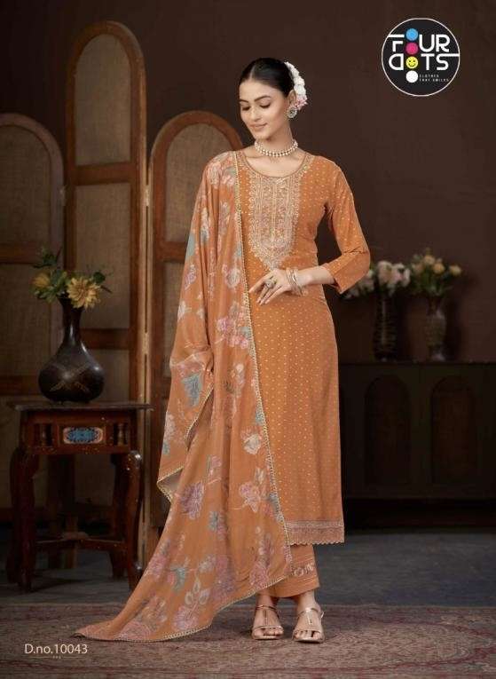 SHREE SERIES 10041 TO 10044 BY FOUR DOTS DESIGNER HEAVY WORK MUSLIN STRAIGHT SUITS ARE AVAILABLE AT WHOLESALE PRICE 