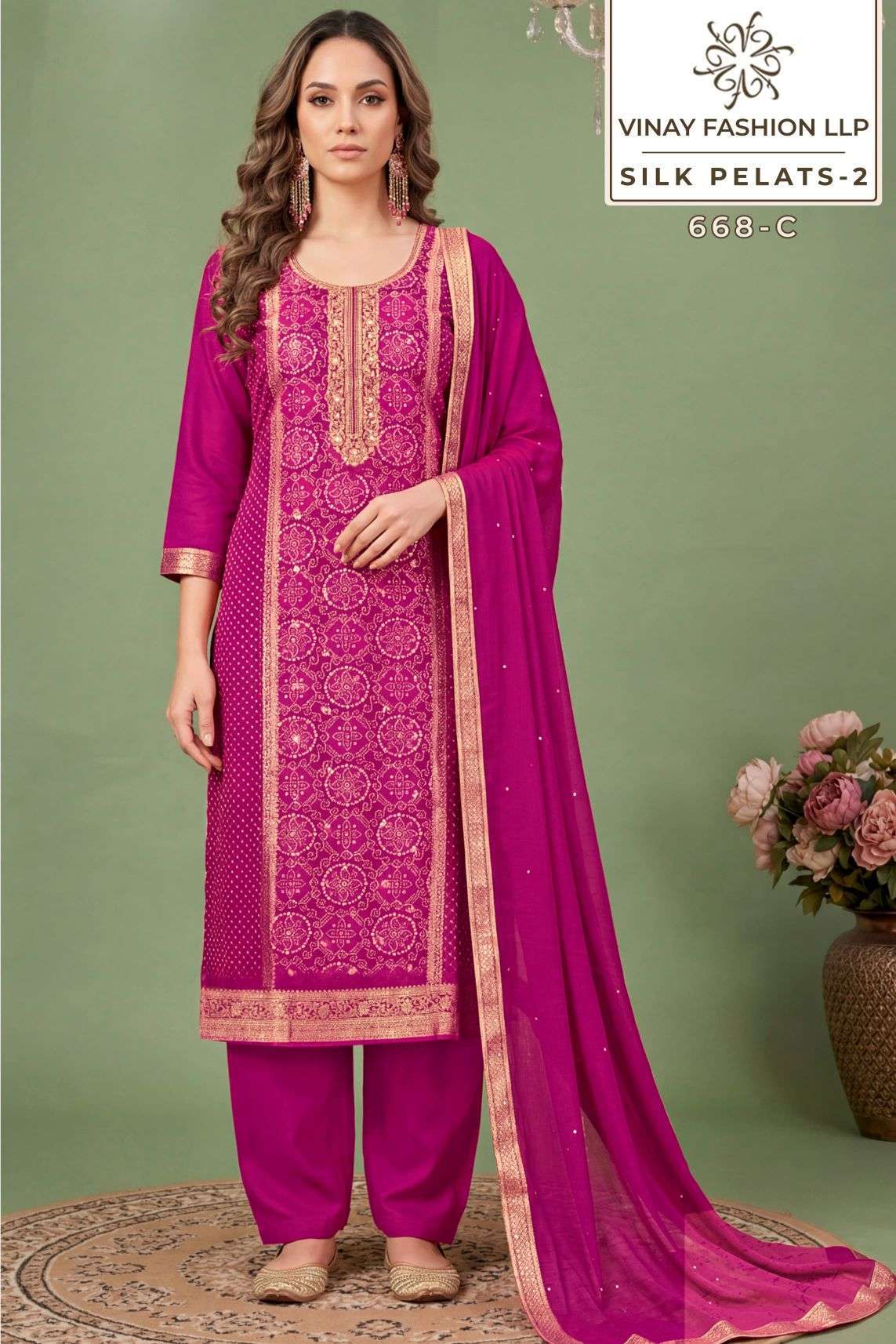 SILK PETALS VOL-2 SERIES 668 BY VINAY DESIGNER HAND WORK AND POSITION PRINT RUSSIAN SILK SUITS ARE AVAILABLE AT WHOLESALE PRICE