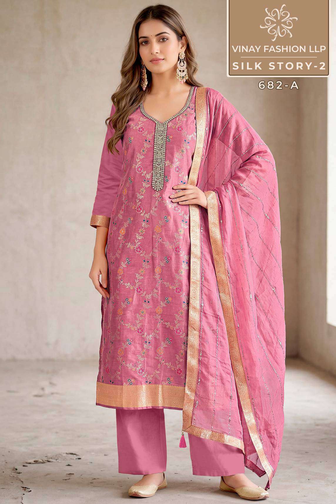 SILK STORY VOL-2 SERIES 682 BY VINAY DESIGNER MEENA AND WEAVE WORK RUSSIAN SILK SUITS ARE AVAILABLE AT WHOLESALE PRICE